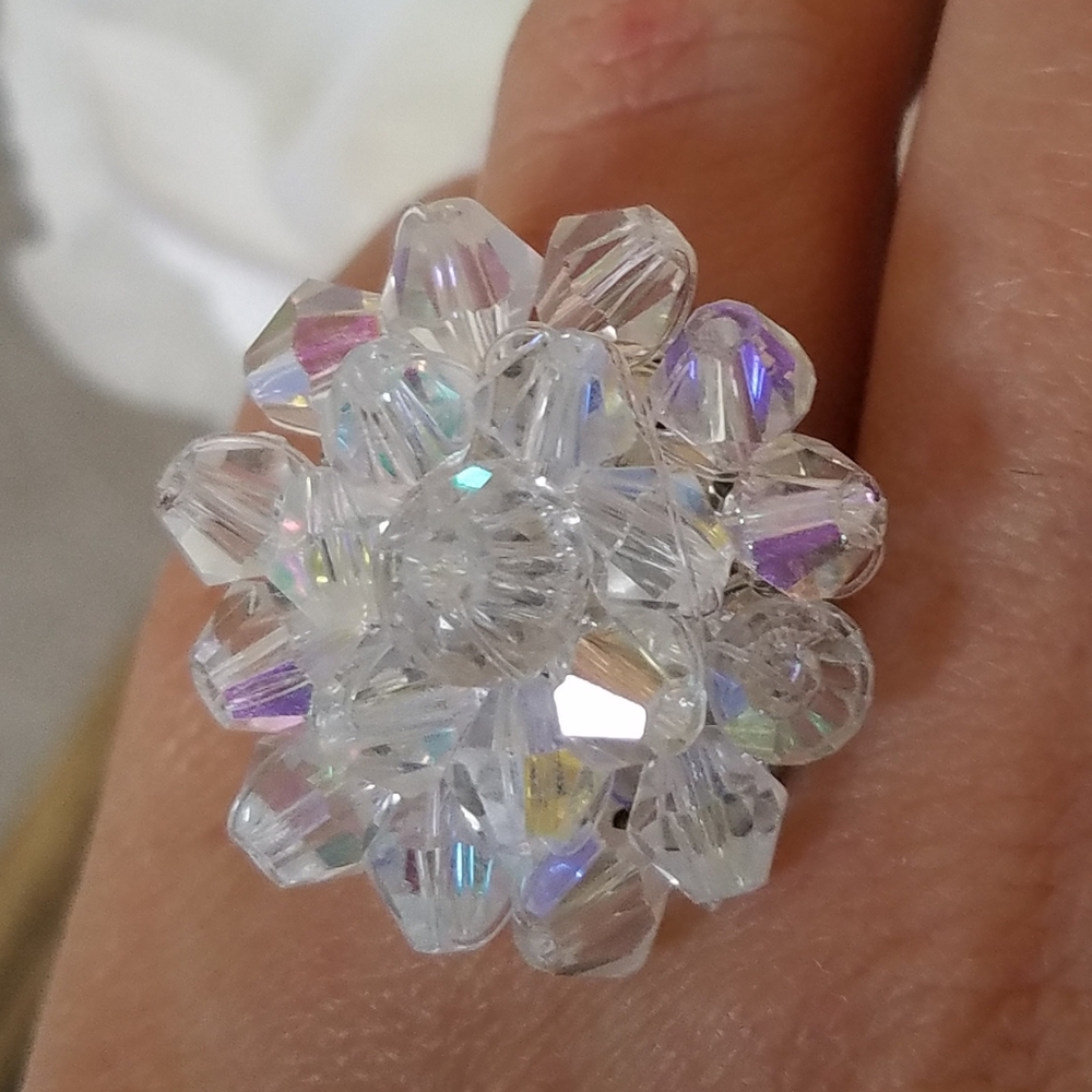 Swarovski Elements Aurora Borealis Large Flower Cluster Statement Ring NWT